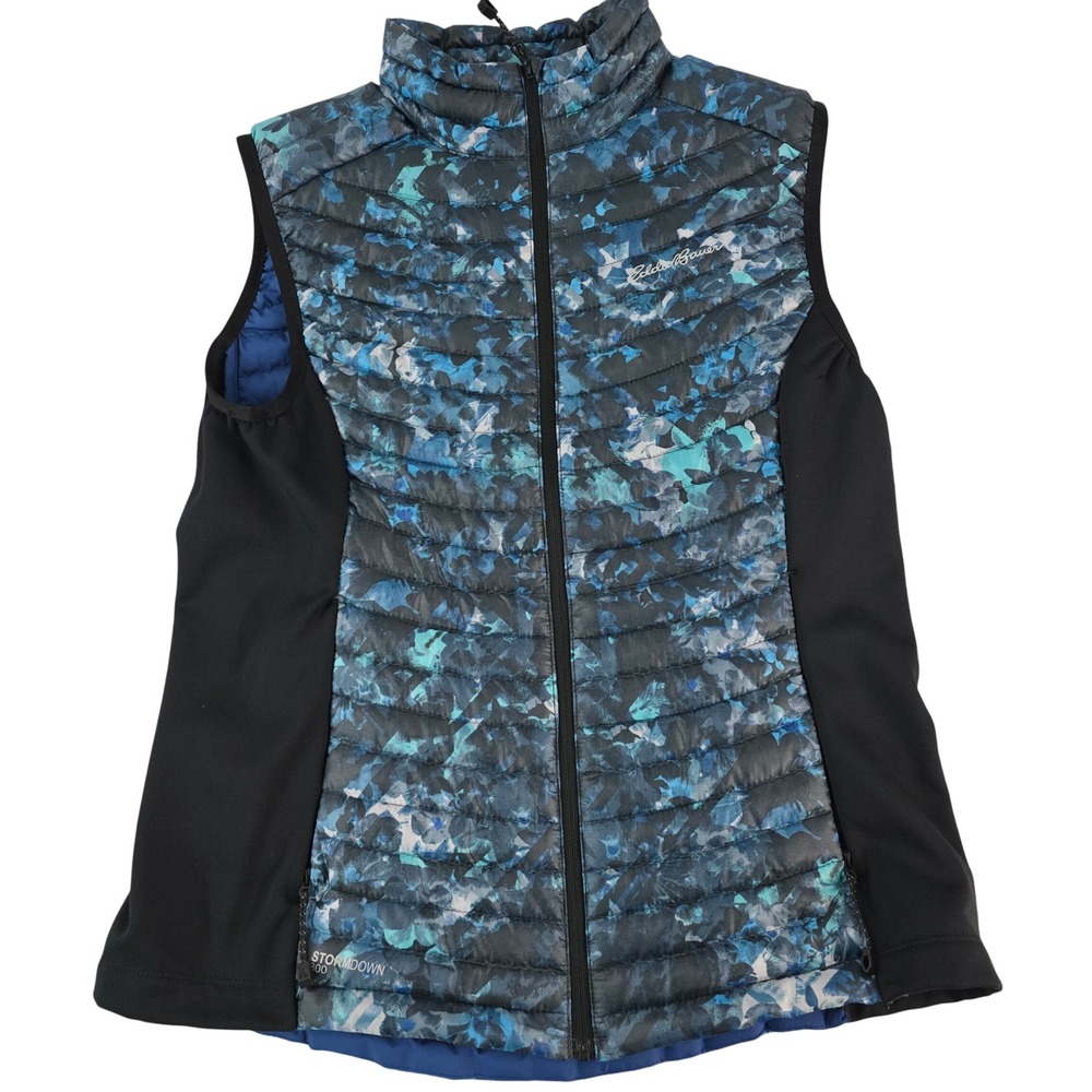 Eddie‎ Bauer Womens Stormdown 800 Quilted Vest Blue Floral Black Full Zip Size M